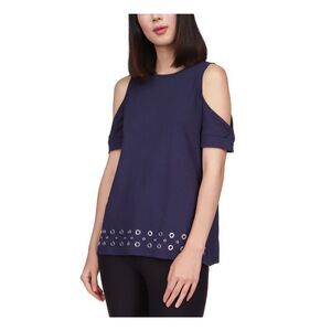 MICHAEL MICHAEL KORS Womens Navy Grommet Hem Short Sleeve Crew Neck Top XS
